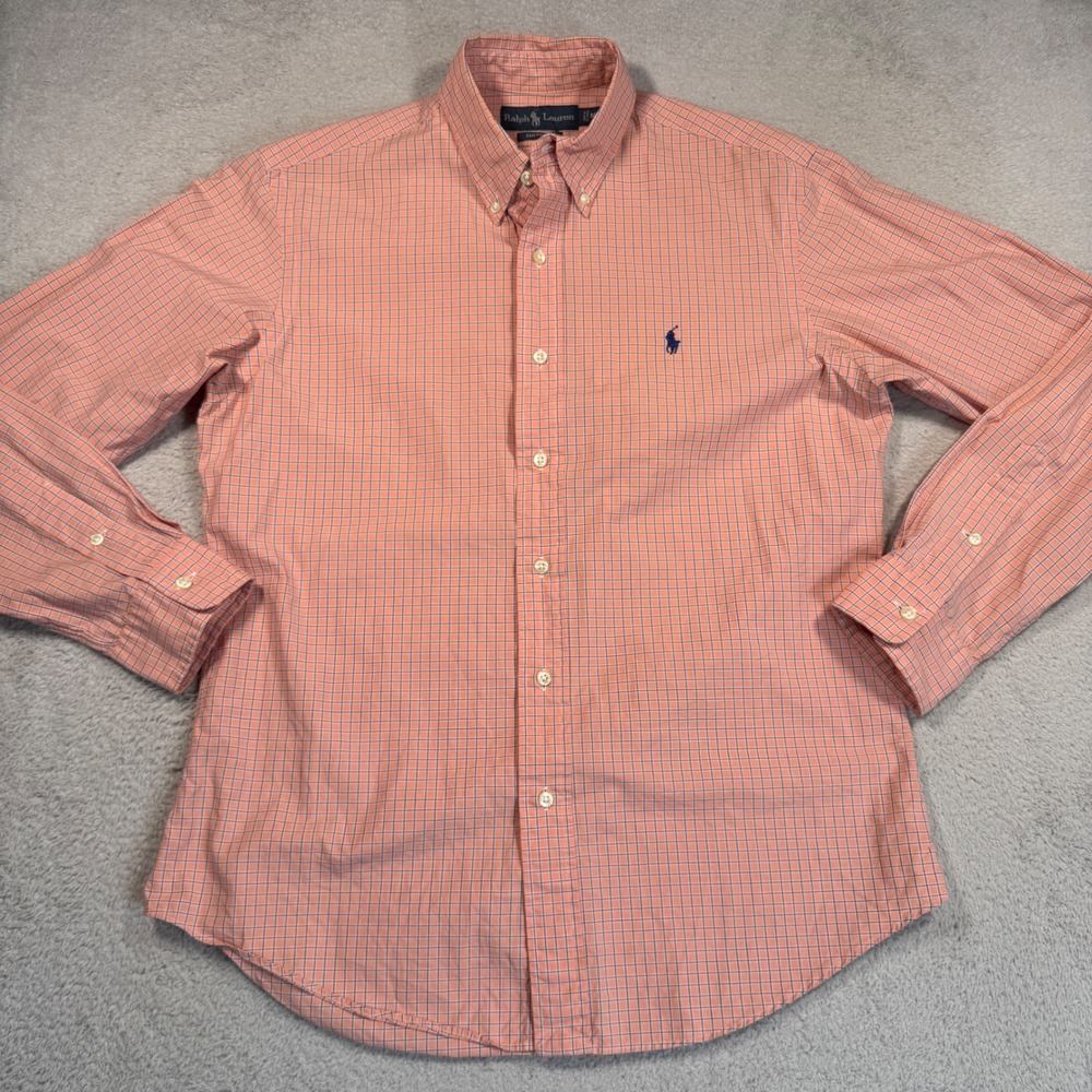 Vintage Y2K Polo Ralph Lauren Mens M Peach Navy PonyPlaid Custom Fit Shirt